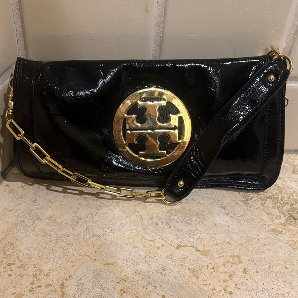 Tory Burch Black Patent Clutch with Gold Accents